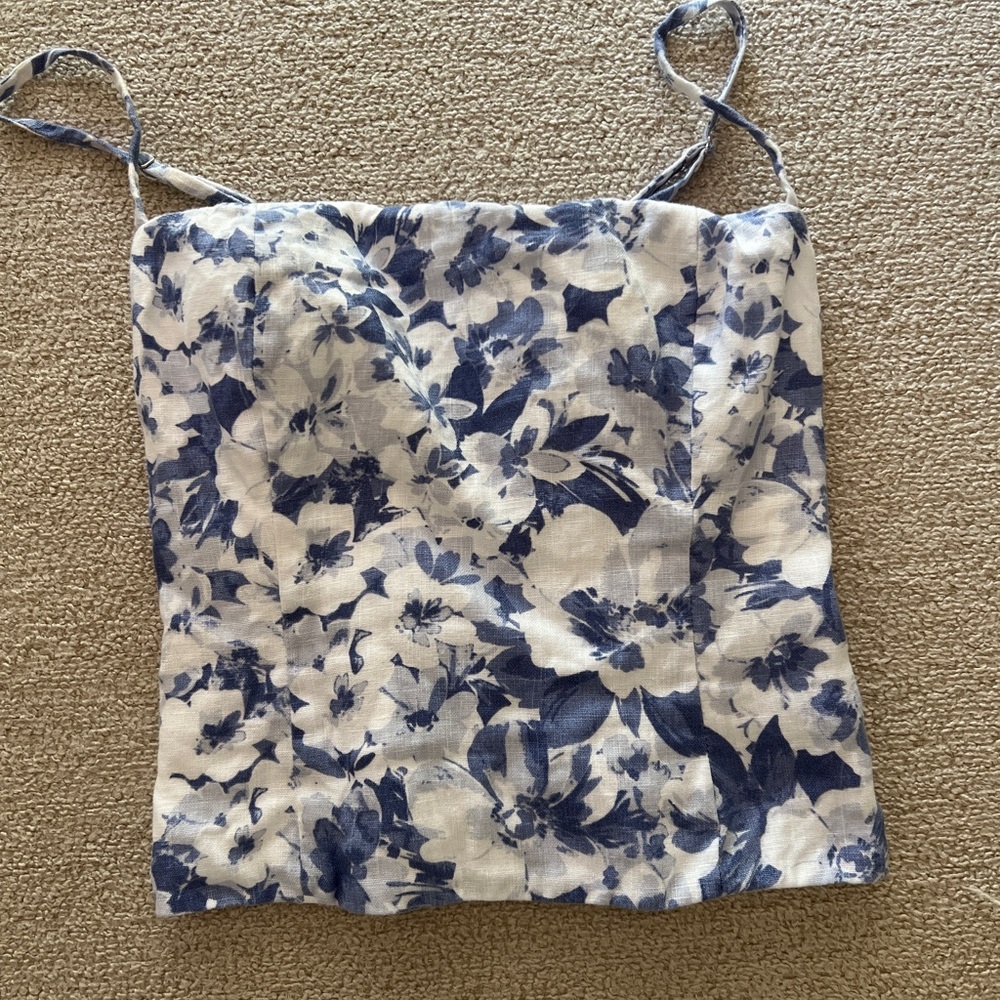 Reformation Blue & White Floral Linen-Blend Spaghetti Strap Tank